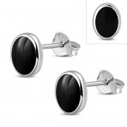 Large Black Onyx Oval Stud Silver Earrings, e313
